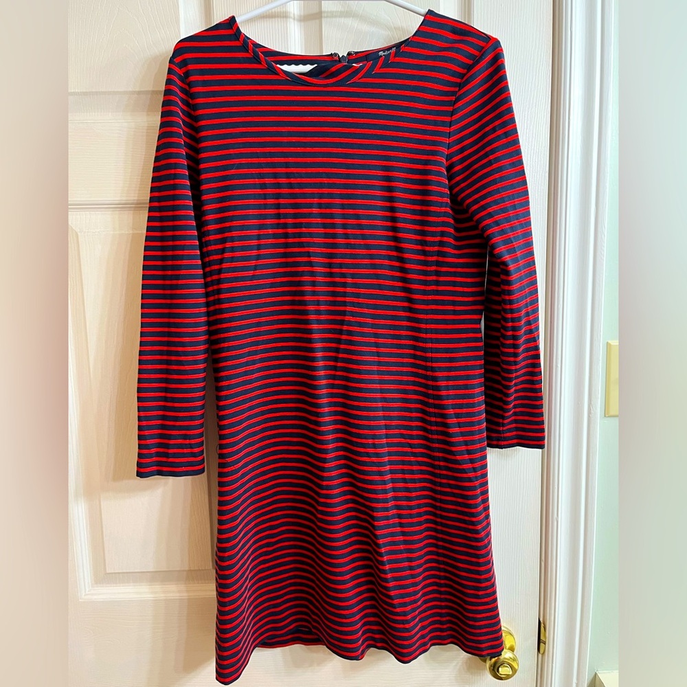 Madewell red Navy Stripe Heavy Knit Shift Midi Dress M